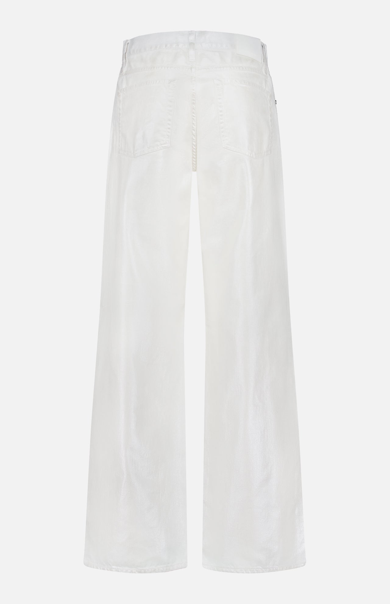 Back view of the Mercer Wide Leg Jeans by RALPH LAUREN COLLECTION, high-waisted and white, crafted from eco stone-washed denim with two back pockets, shown against a plain white background.