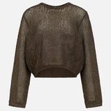 The RALPH LAUREN COLLECTION Metallic Mesh Boatneck Long Sleeve Pullover features a sheer openwork design, loose fit, and cropped silhouette, shown on a plain white background.