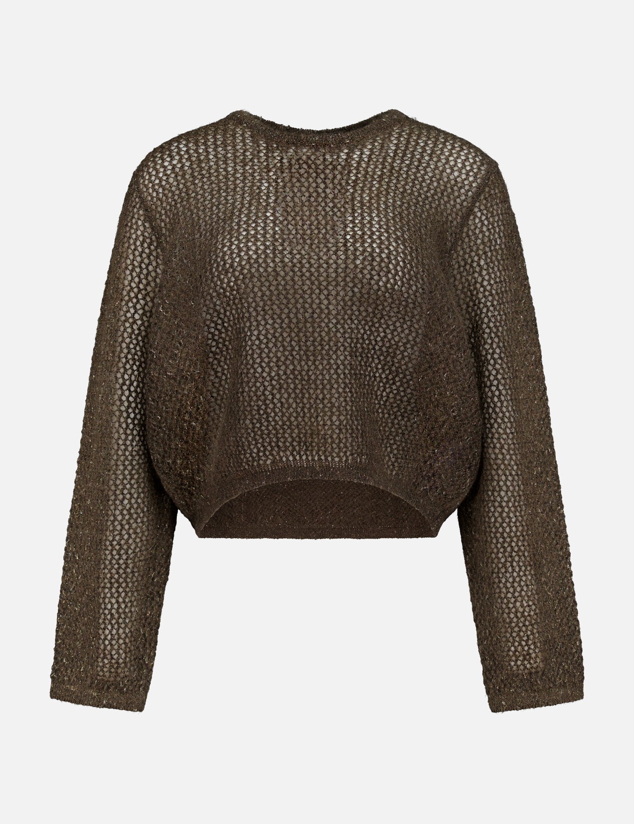 The RALPH LAUREN COLLECTION Metallic Mesh Boatneck Long Sleeve Pullover features a sheer openwork design, loose fit, and cropped silhouette, shown on a plain white background.
