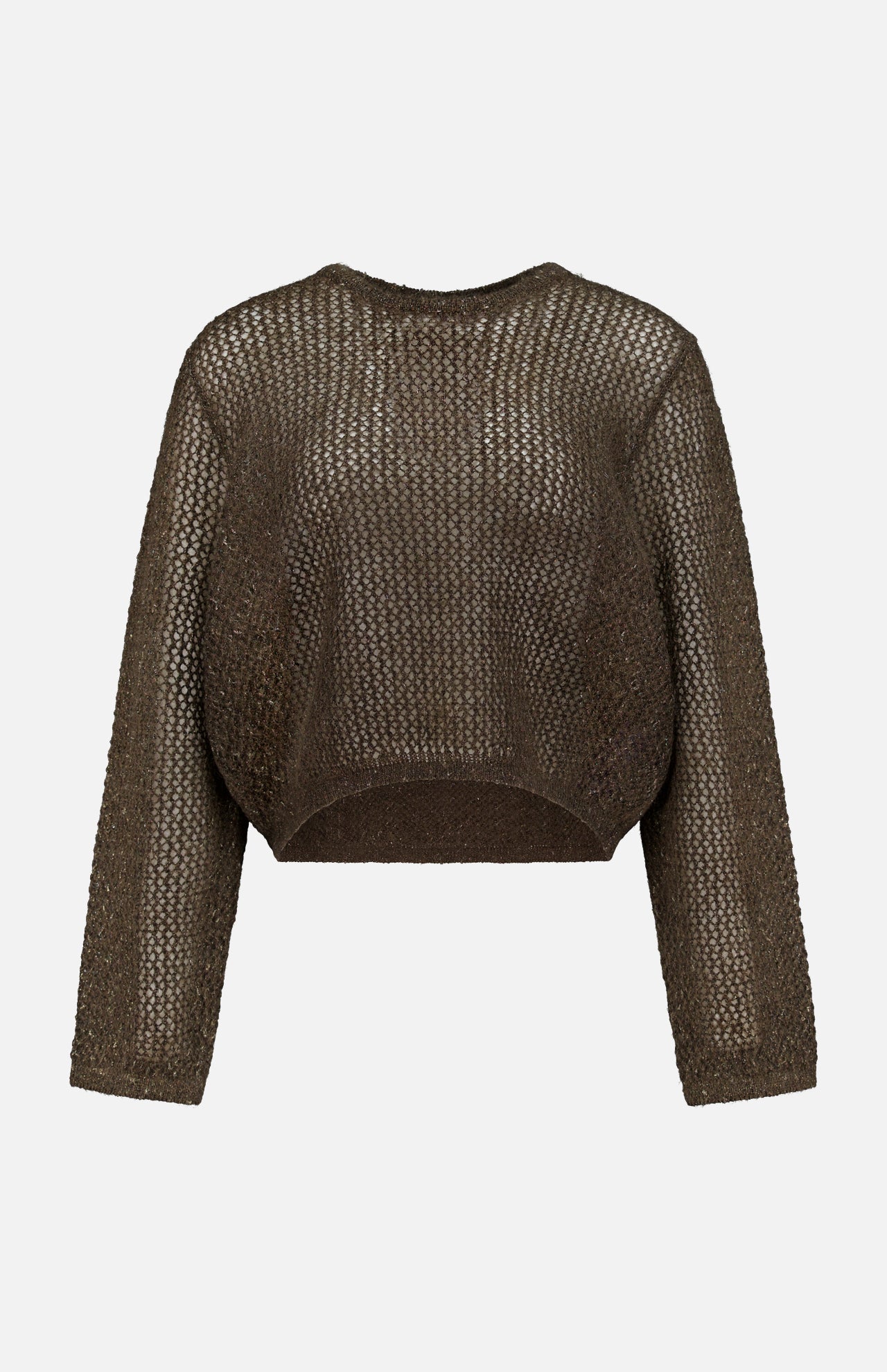 The RALPH LAUREN COLLECTION Metallic Mesh Boatneck Long Sleeve Pullover features a sheer openwork design, loose fit, and cropped silhouette, shown on a plain white background.