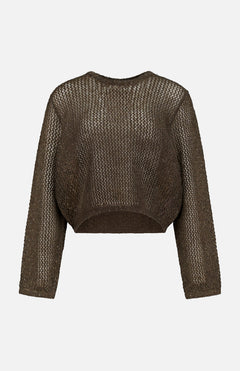 The RALPH LAUREN COLLECTION Metallic Mesh Boatneck Long Sleeve Pullover features a sheer openwork design, loose fit, and cropped silhouette, shown on a plain white background.