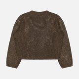 The RALPH LAUREN COLLECTION Metallic Mesh Boatneck Long Sleeve Pullover is laid flat, back up, showing its open-weave texture against a white background—a refined example of classic craftsmanship.