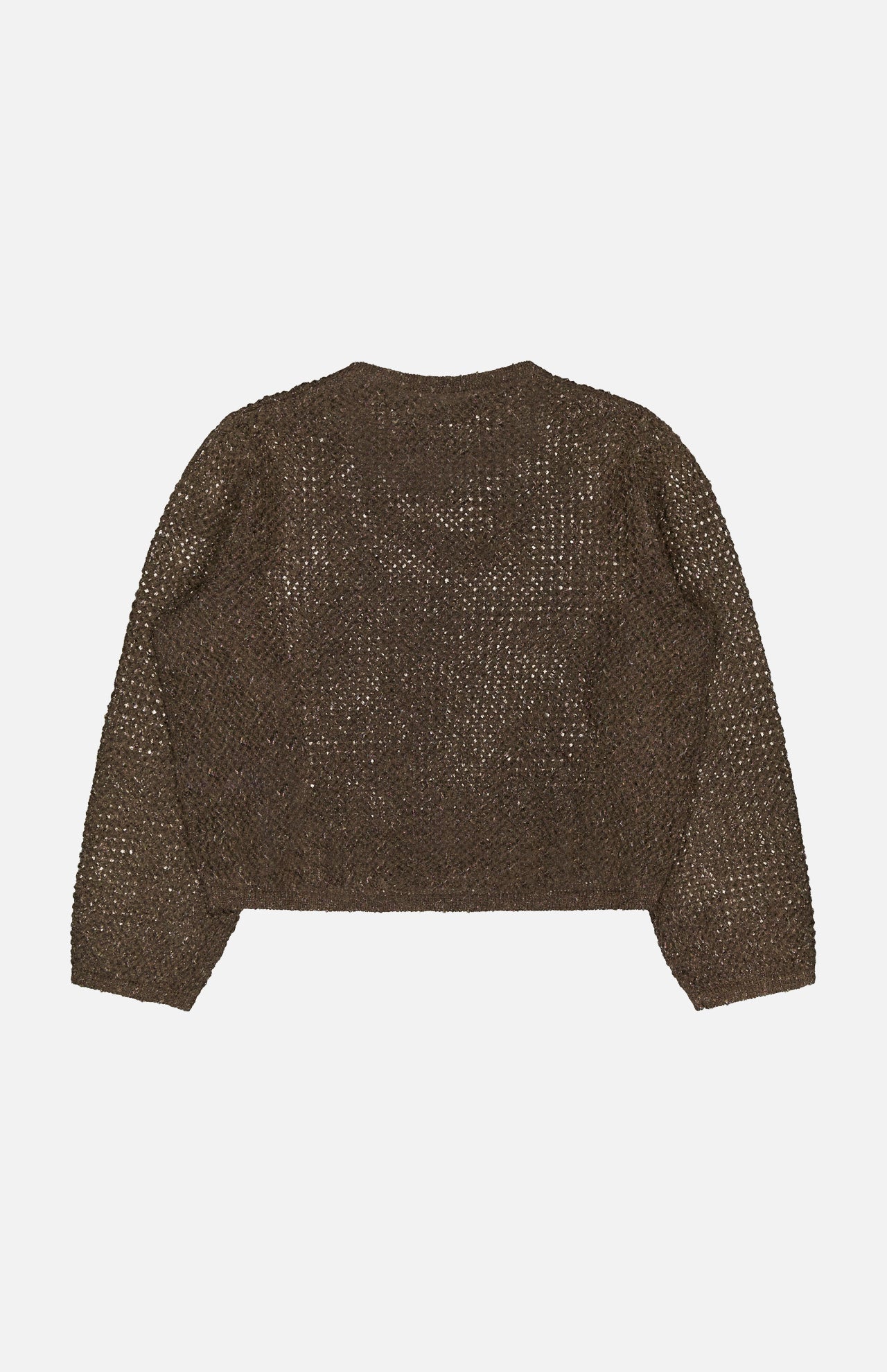 The RALPH LAUREN COLLECTION Metallic Mesh Boatneck Long Sleeve Pullover is laid flat, back up, showing its open-weave texture against a white background—a refined example of classic craftsmanship.
