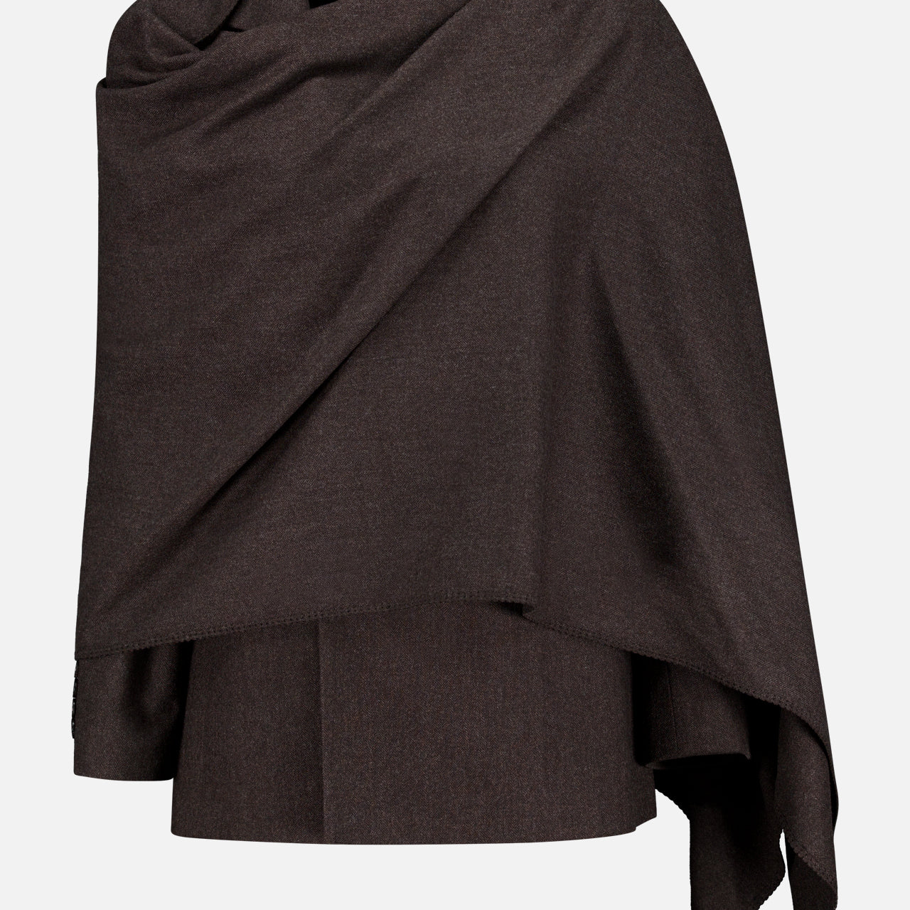 A dark brown Mini Herringbone Blazer from the RALPH LAUREN COLLECTION draped over a mannequin, its soft, flowing fabric and asymmetrical edges set against a plain white background—the rich hue evokes timeless sophistication.