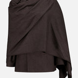 A dark brown Mini Herringbone Blazer from the RALPH LAUREN COLLECTION draped over a mannequin, its soft, flowing fabric and asymmetrical edges set against a plain white background—the rich hue evokes timeless sophistication.