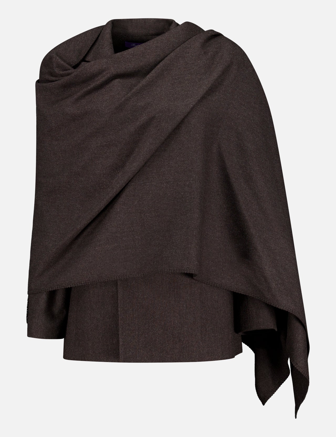 A dark brown Mini Herringbone Blazer from the RALPH LAUREN COLLECTION draped over a mannequin, its soft, flowing fabric and asymmetrical edges set against a plain white background—the rich hue evokes timeless sophistication.