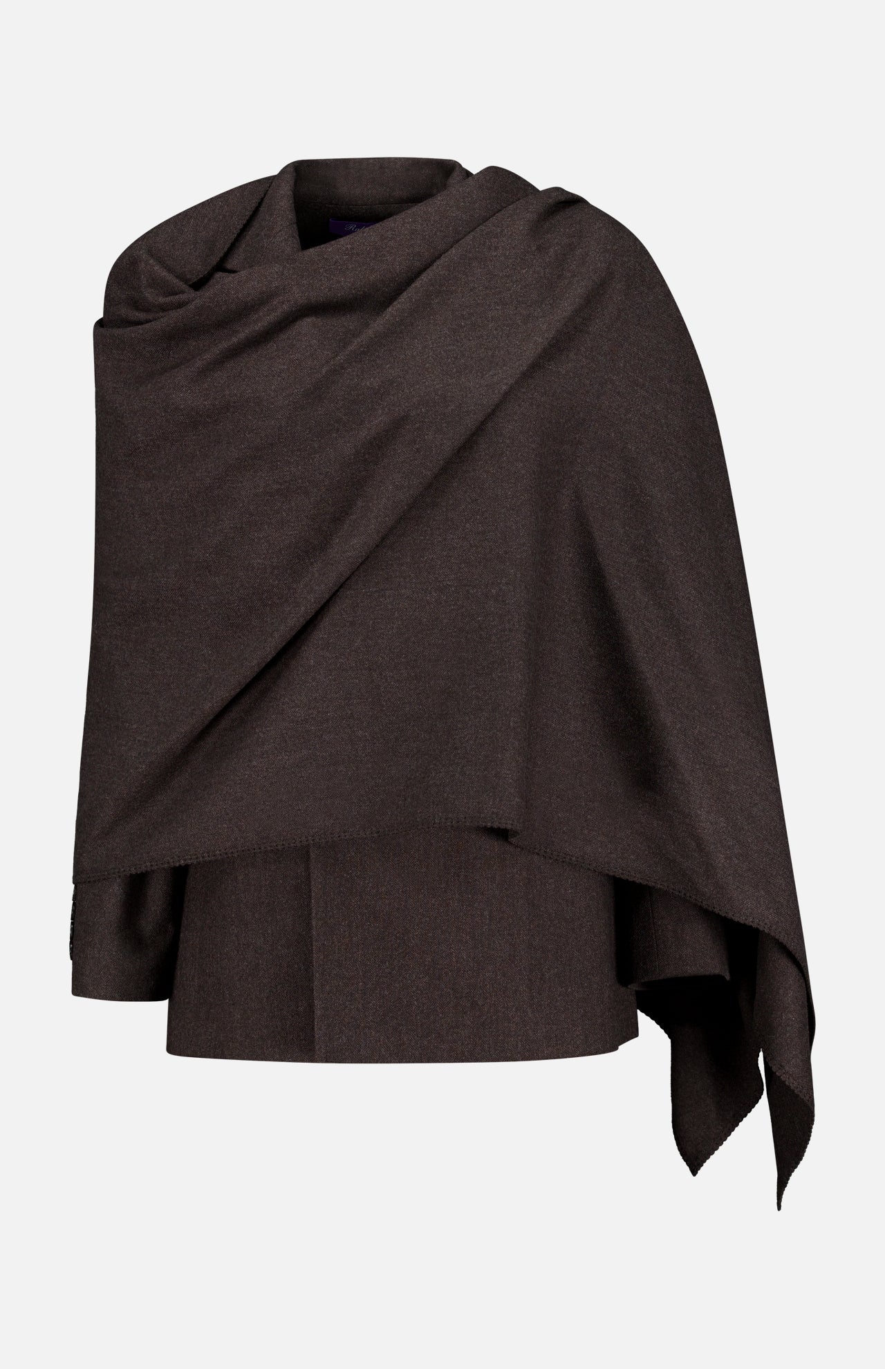 A dark brown Mini Herringbone Blazer from the RALPH LAUREN COLLECTION draped over a mannequin, its soft, flowing fabric and asymmetrical edges set against a plain white background—the rich hue evokes timeless sophistication.