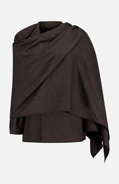 A dark brown Mini Herringbone Blazer from the RALPH LAUREN COLLECTION draped over a mannequin, its soft, flowing fabric and asymmetrical edges set against a plain white background—the rich hue evokes timeless sophistication.