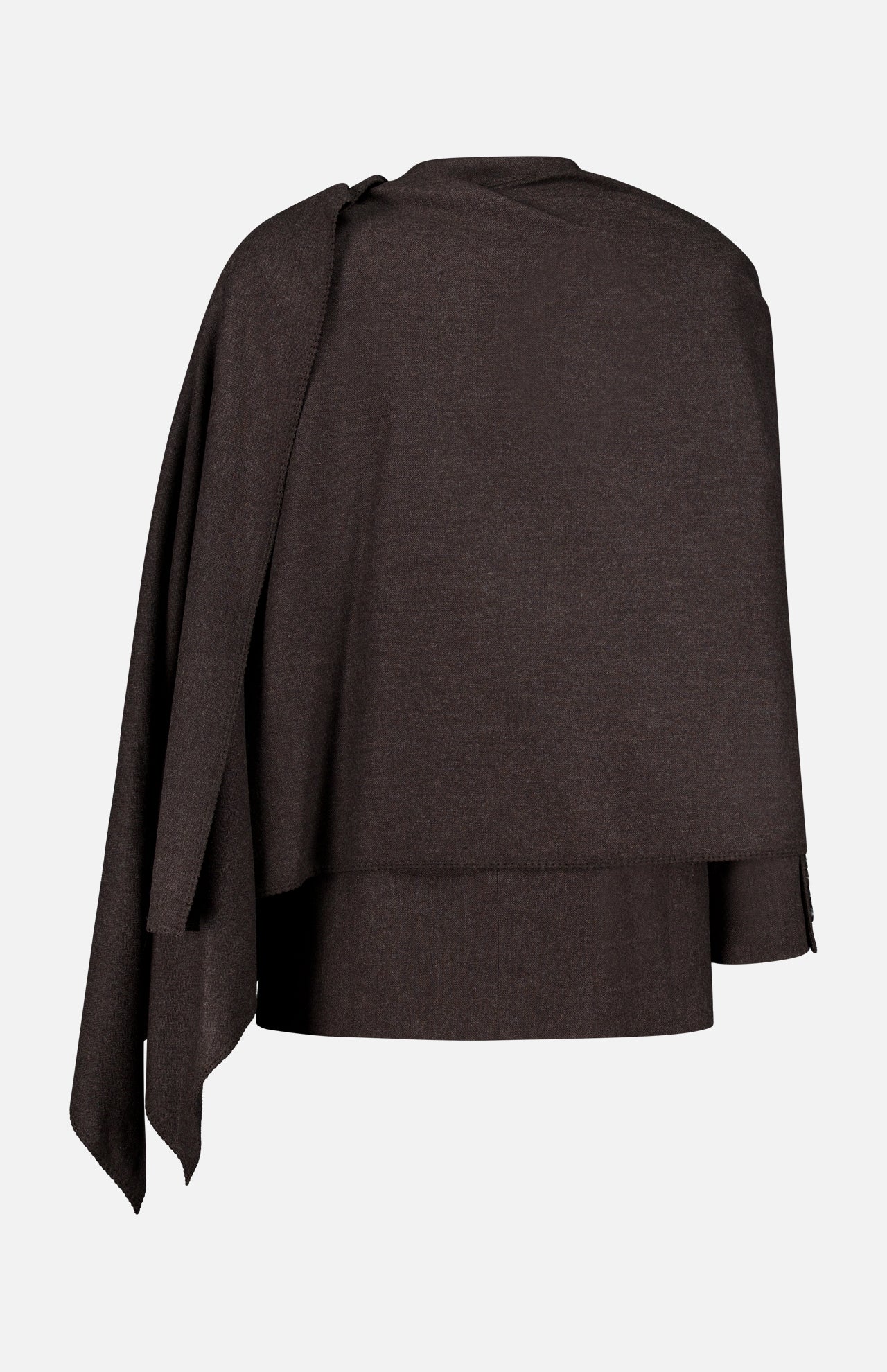 A dark brown Mini Herringbone Blazer by RALPH LAUREN COLLECTION is draped over a hanger, showcasing an asymmetrical silhouette with one side longer than the other and an elegant, minimalist design. The blazer is set against a plain white background.