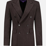 Mini Herringbone Blazer by RALPH LAUREN COLLECTION—this men’s double-breasted blazer, in dark brown wool with peak lapels and six black buttons, features a classic herringbone pattern and is photographed against a plain white background, reflecting the timeless tailoring of Ralph Lauren.