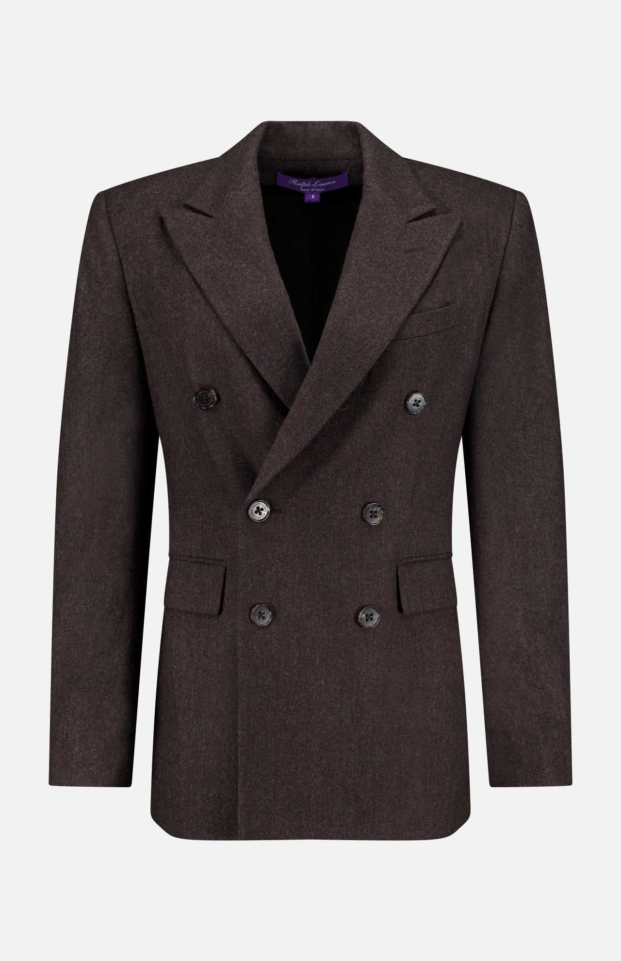 Mini Herringbone Blazer by RALPH LAUREN COLLECTION—this men’s double-breasted blazer, in dark brown wool with peak lapels and six black buttons, features a classic herringbone pattern and is photographed against a plain white background, reflecting the timeless tailoring of Ralph Lauren.