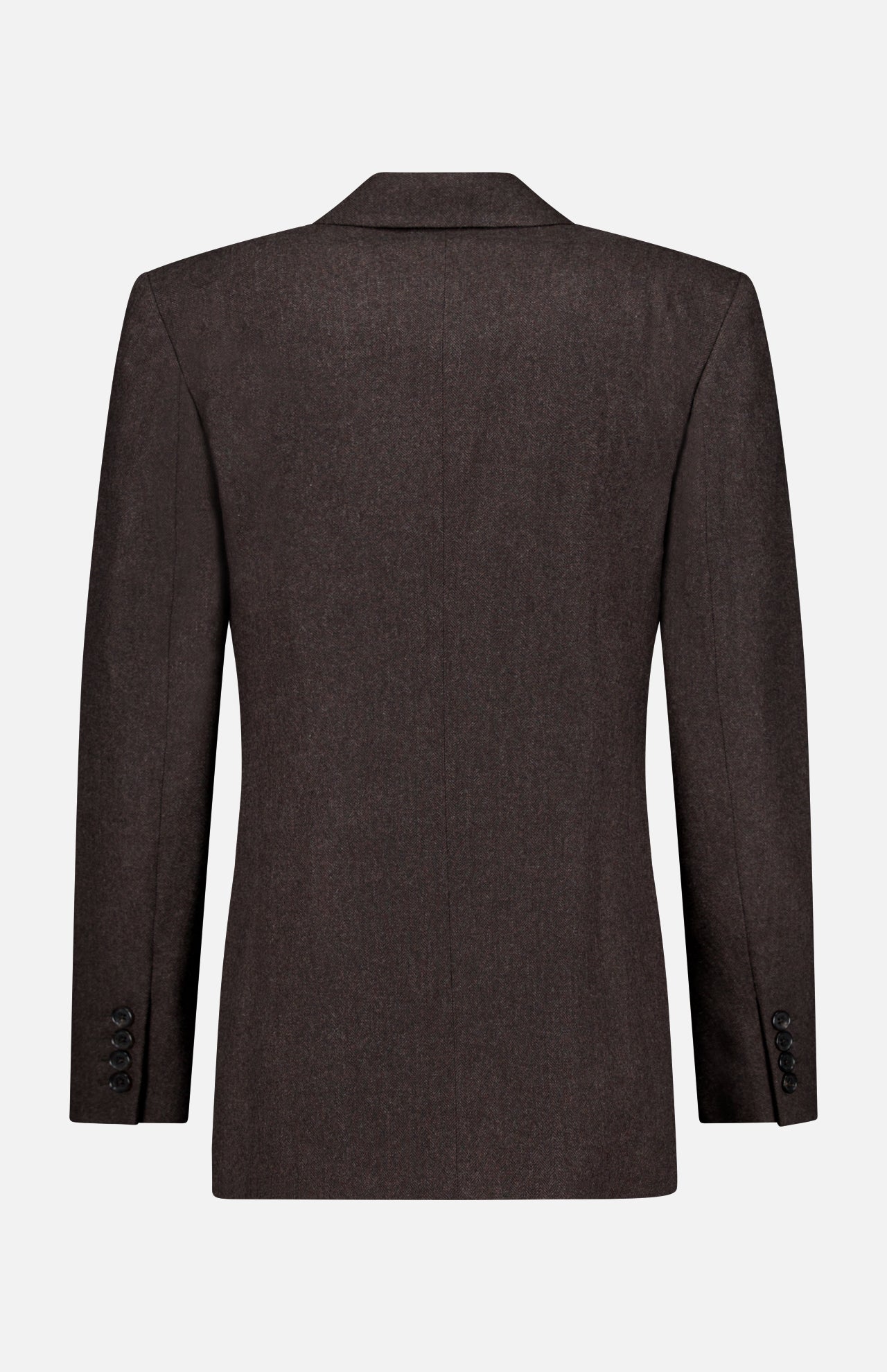 The Mini Herringbone Blazer from the RALPH LAUREN COLLECTION is pictured from the back in dark brown wool, showcasing a notched collar, long sleeves, and three-button cuffs. Inspired by classic Ralph Lauren tailoring, this men’s blazer stands out against a plain white background.
