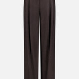 The Mini Herringbone Standard Pants by RALPH LAUREN COLLECTION are high-waisted, wide-leg suiting pants in dark brown wool flannel, featuring front pleats, a button and zip closure, and belt loops. With their tailored fit and slight sheen, these pants are ideal for formal or business attire.