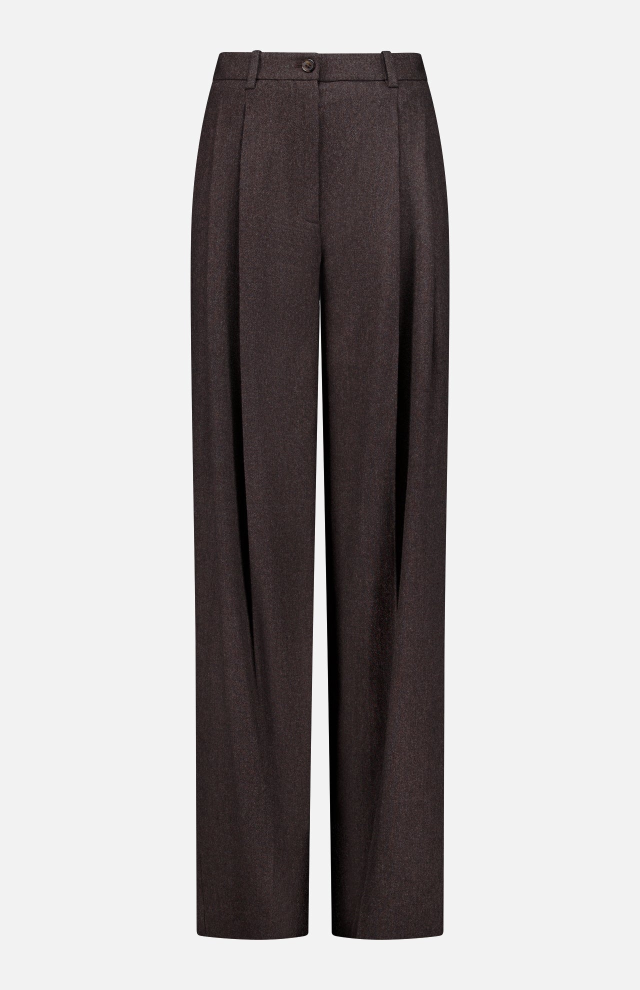 The Mini Herringbone Standard Pants by RALPH LAUREN COLLECTION are high-waisted, wide-leg suiting pants in dark brown wool flannel, featuring front pleats, a button and zip closure, and belt loops. With their tailored fit and slight sheen, these pants are ideal for formal or business attire.