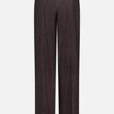 Back view of the Mini Herringbone Standard Pants by RALPH LAUREN COLLECTION in dark brown, featuring belt loops, two buttoned back pockets, and straight legs, displayed on a plain white background.