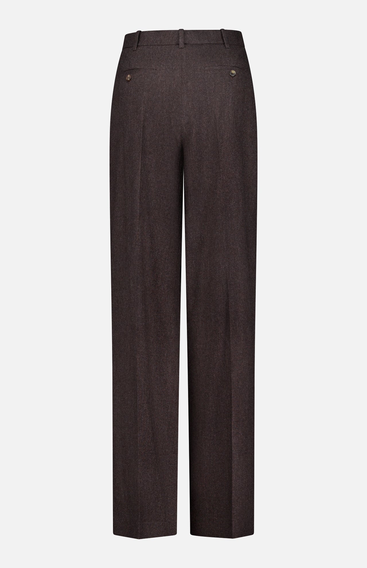 Back view of the Mini Herringbone Standard Pants by RALPH LAUREN COLLECTION in dark brown, featuring belt loops, two buttoned back pockets, and straight legs, displayed on a plain white background.