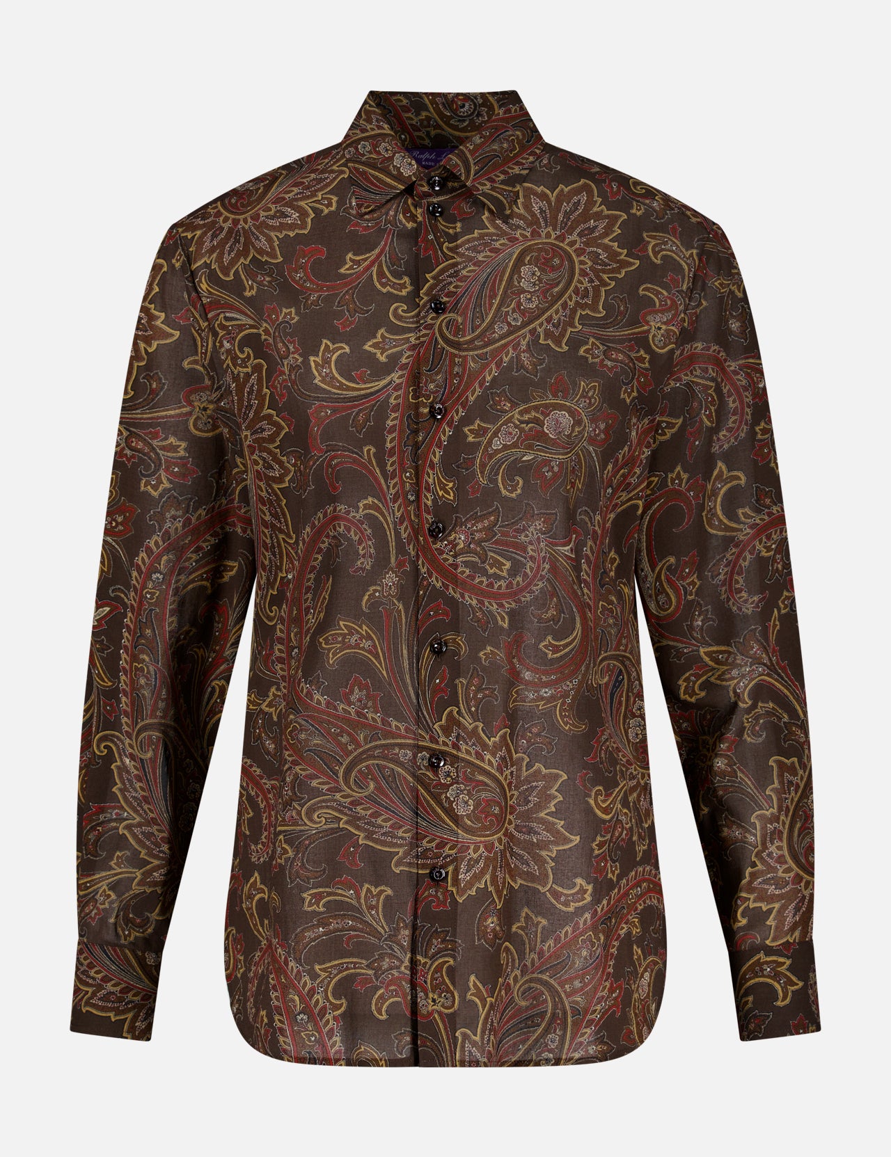 Elevate your fall wardrobe with the Paisley Collared Long Sleeve Blouse from RALPH LAUREN COLLECTION—a button-up blouse featuring long sleeves and a dark brown base adorned with an intricate paisley print in rich shades of red, gold, and tan.