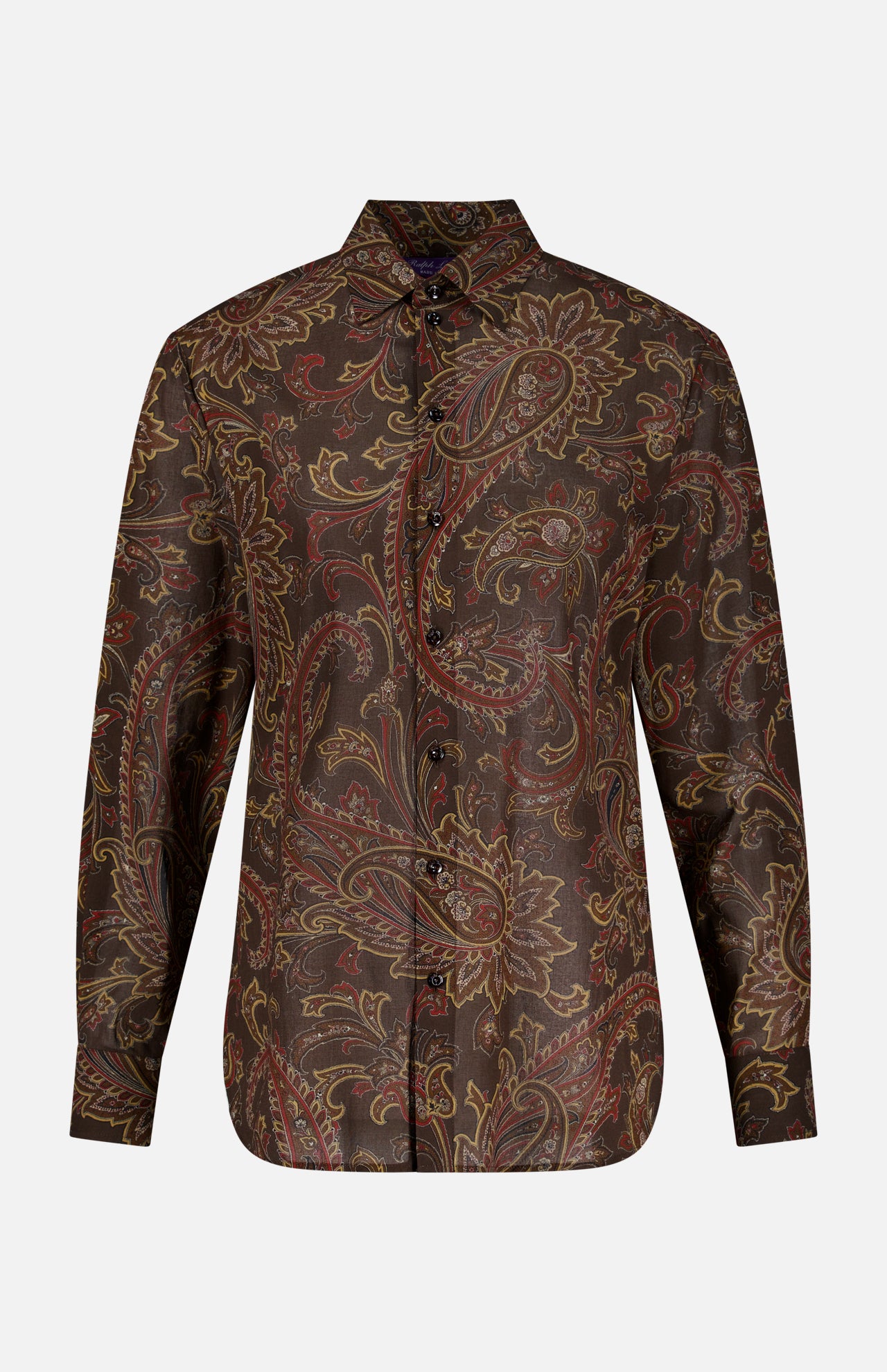 Elevate your fall wardrobe with the Paisley Collared Long Sleeve Blouse from RALPH LAUREN COLLECTION—a button-up blouse featuring long sleeves and a dark brown base adorned with an intricate paisley print in rich shades of red, gold, and tan.