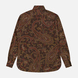 The RALPH LAUREN COLLECTION Paisley Collared Long Sleeve Blouse is showcased from the back against a white background, highlighting its dark brown fabric adorned with an intricate paisley pattern in rich red, yellow, and beige tones—an ideal choice for elevating your fall wardrobe.