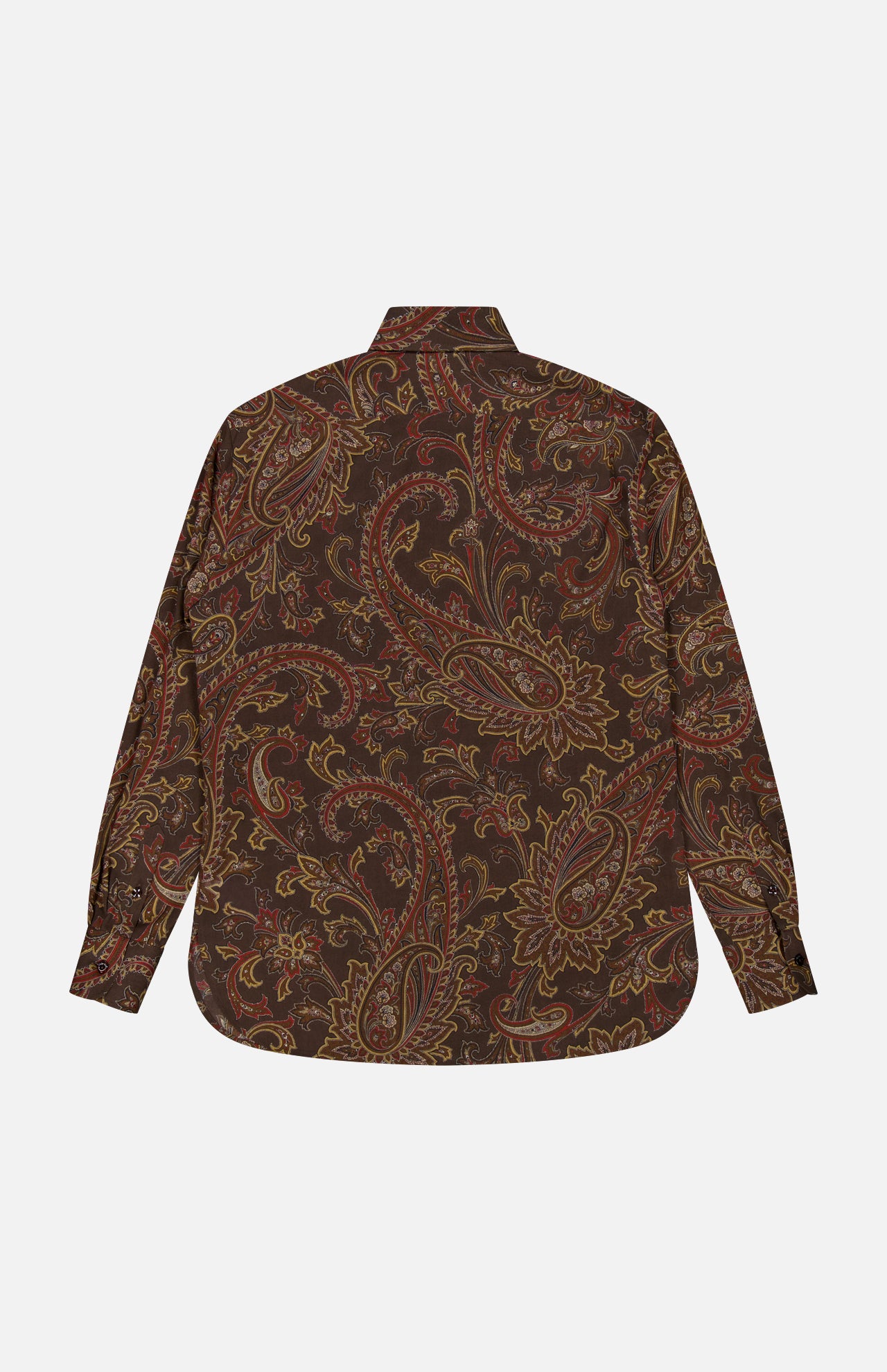 The RALPH LAUREN COLLECTION Paisley Collared Long Sleeve Blouse is showcased from the back against a white background, highlighting its dark brown fabric adorned with an intricate paisley pattern in rich red, yellow, and beige tones—an ideal choice for elevating your fall wardrobe.
