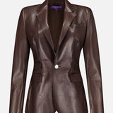 The Parker Leather Slim Fit Blazer by RALPH LAUREN COLLECTION features chocolate brown leather, a notched lapel, single-button closure, flap and chest pockets, in a tailored fit displayed on a plain white background.