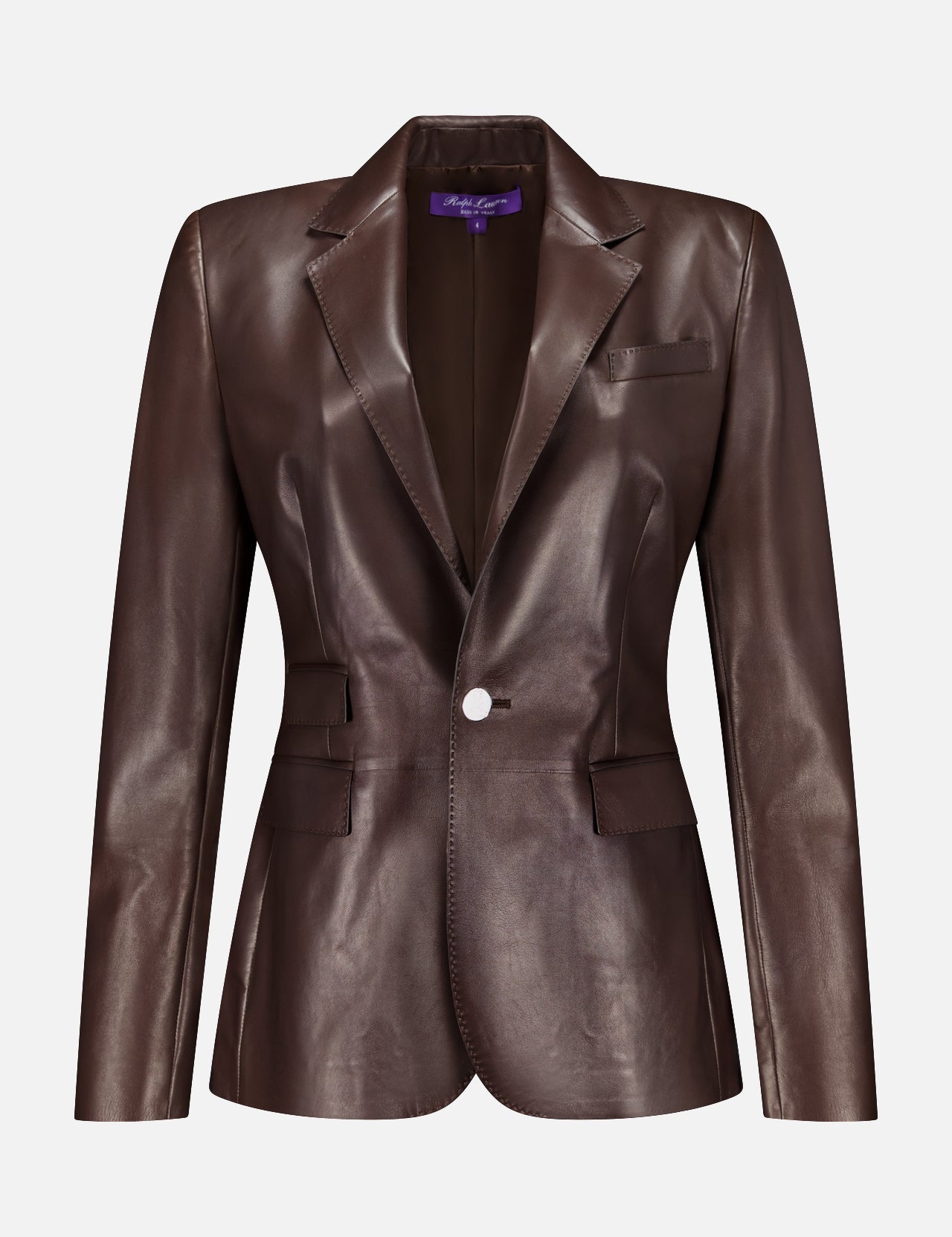 The Parker Leather Slim Fit Blazer by RALPH LAUREN COLLECTION features chocolate brown leather, a notched lapel, single-button closure, flap and chest pockets, in a tailored fit displayed on a plain white background.