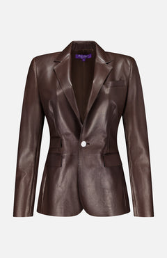 The Parker Leather Slim Fit Blazer by RALPH LAUREN COLLECTION features chocolate brown leather, a notched lapel, single-button closure, flap and chest pockets, in a tailored fit displayed on a plain white background.