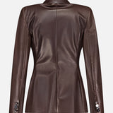 The Parker Leather Slim Fit Blazer by RALPH LAUREN COLLECTION is shown from the back in chocolate brown, featuring long sleeves and cuff buttons, highlighting its tailored silhouette against a plain white background.