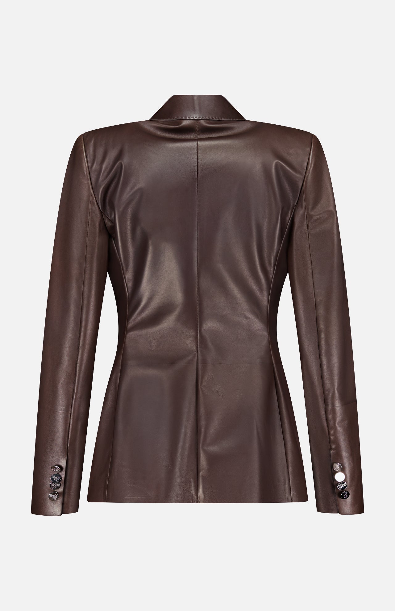 The Parker Leather Slim Fit Blazer by RALPH LAUREN COLLECTION is shown from the back in chocolate brown, featuring long sleeves and cuff buttons, highlighting its tailored silhouette against a plain white background.