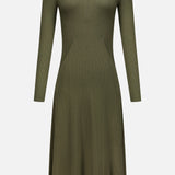 The Parson Long Sleeve Day Dress by RALPH LAUREN COLLECTION features an olive green ribbed knit, flared midi silhouette, fitted bodice, long sleeves, and round neckline. Displayed on a plain white background.