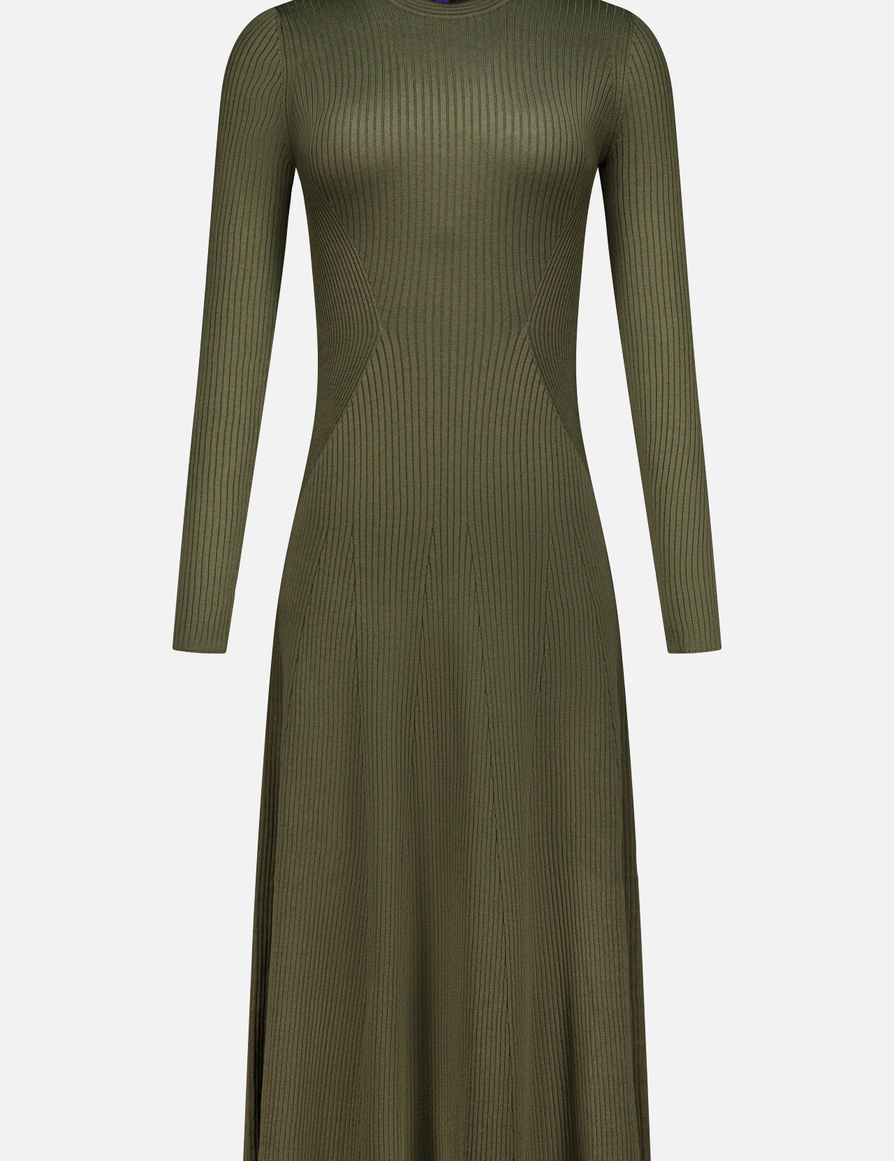 The Parson Long Sleeve Day Dress by RALPH LAUREN COLLECTION features an olive green ribbed knit, flared midi silhouette, fitted bodice, long sleeves, and round neckline. Displayed on a plain white background.