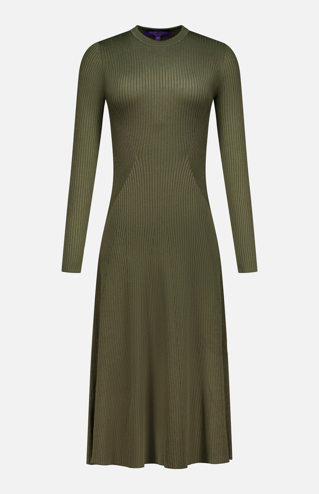 The Parson Long Sleeve Day Dress by RALPH LAUREN COLLECTION features an olive green ribbed knit, flared midi silhouette, fitted bodice, long sleeves, and round neckline. Displayed on a plain white background.
