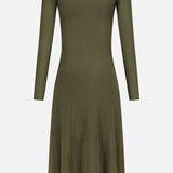 The Parson Long Sleeve Day Dress by RALPH LAUREN COLLECTION is an olive green, ribbed knit midi dress with a fitted bodice, flared silhouette, and subtle vertical texture seen from the back.