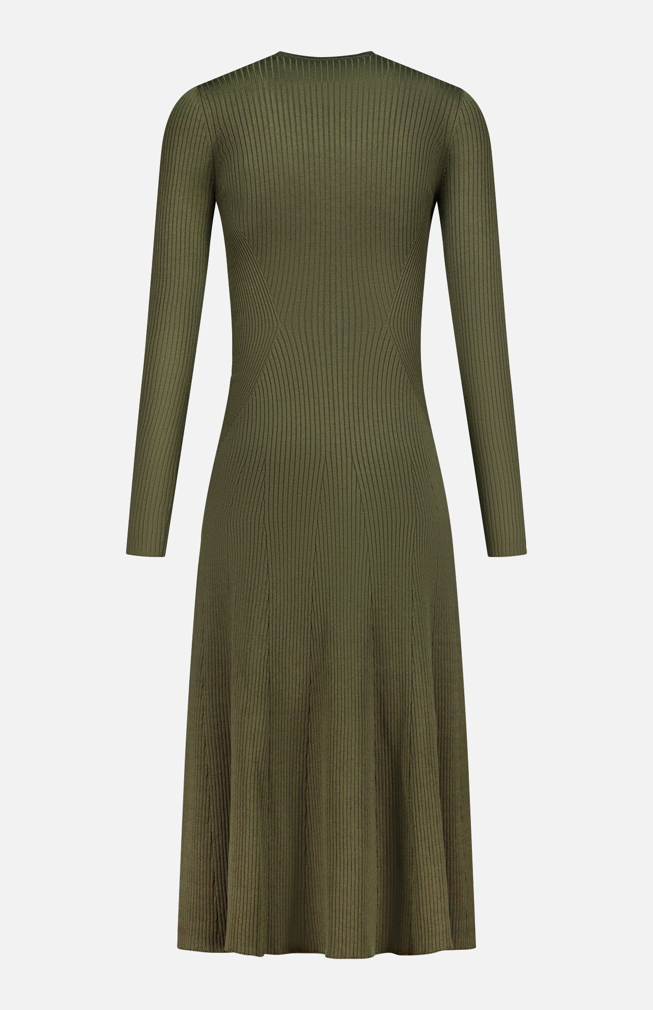 The Parson Long Sleeve Day Dress by RALPH LAUREN COLLECTION is an olive green, ribbed knit midi dress with a fitted bodice, flared silhouette, and subtle vertical texture seen from the back.