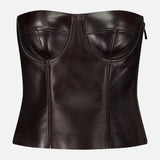 Ralph Lauren Collection Plonge Leather Strapless Bandeau Top in dark brown lambskin, featuring a strapless bandeau design with molded cups and a side zipper.