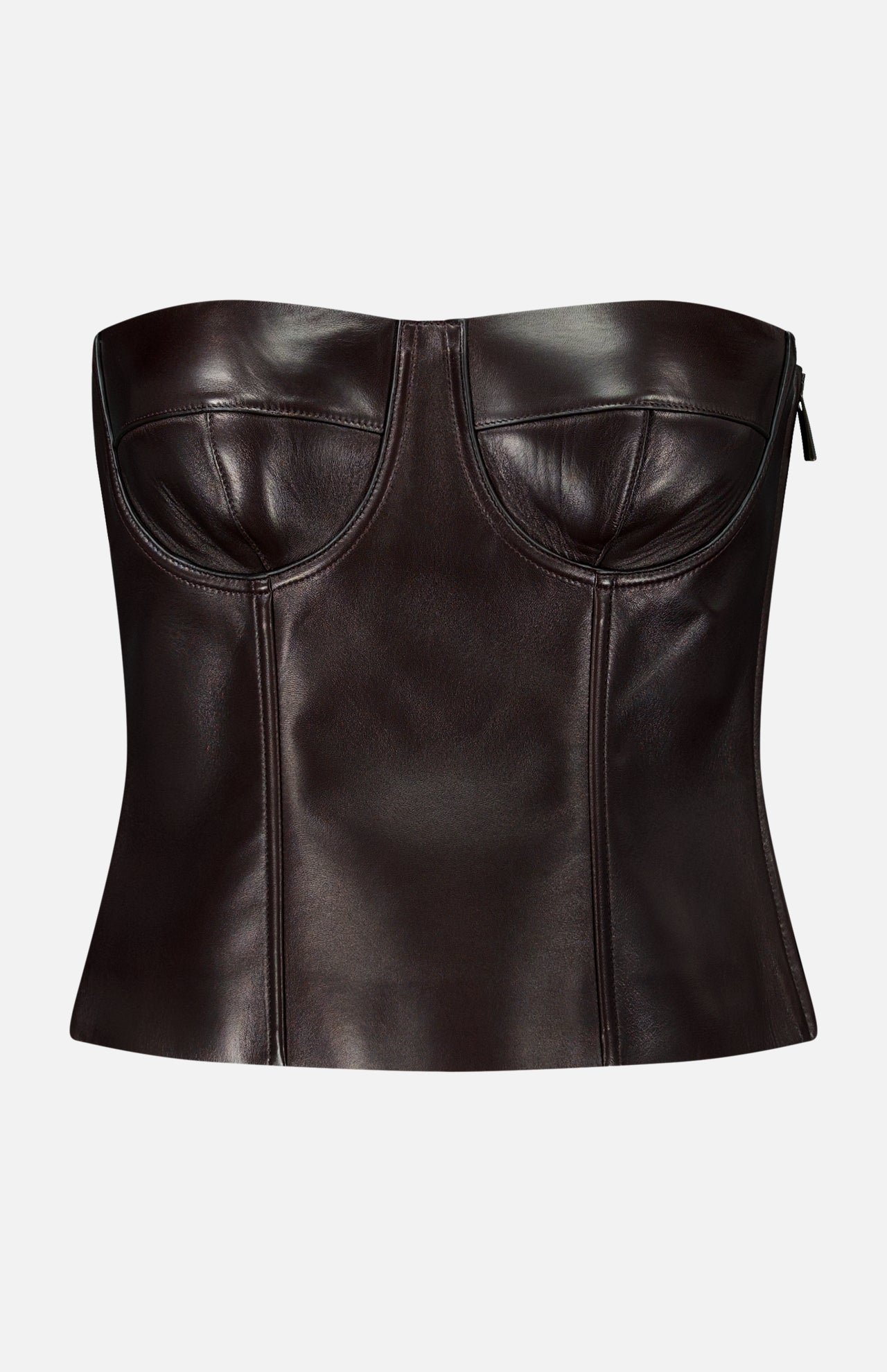 Ralph Lauren Collection Plonge Leather Strapless Bandeau Top in dark brown lambskin, featuring a strapless bandeau design with molded cups and a side zipper.