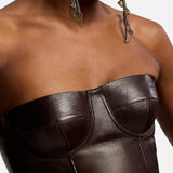 Ralph Lauren Collection Plonge Leather Strapless Bandeau Top in dark brown lambskin with corset-style stitching.
