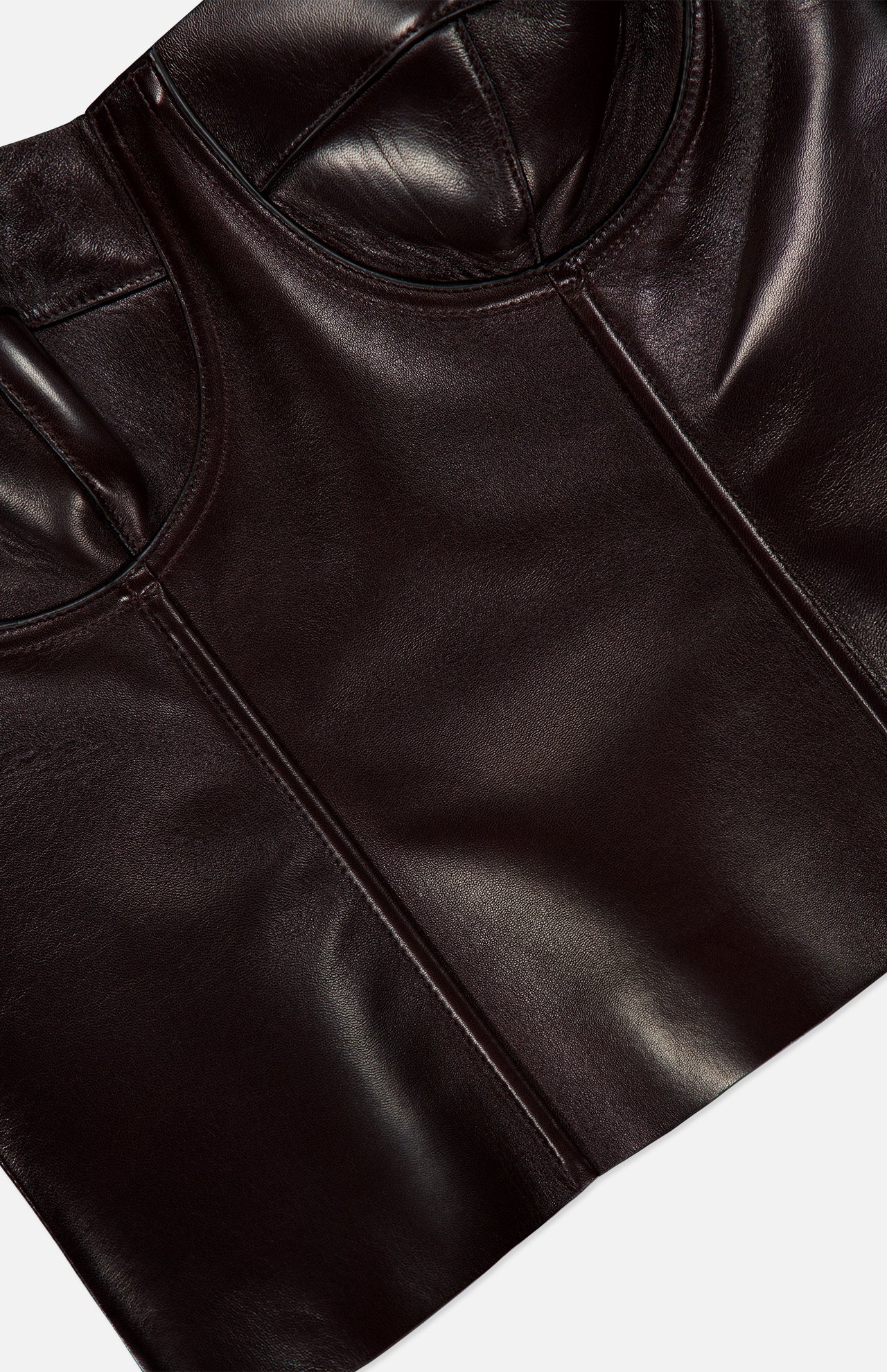 Dark brown Ralph Lauren Collection Plonge Leather Strapless Bandeau Top featuring corset-style seaming.