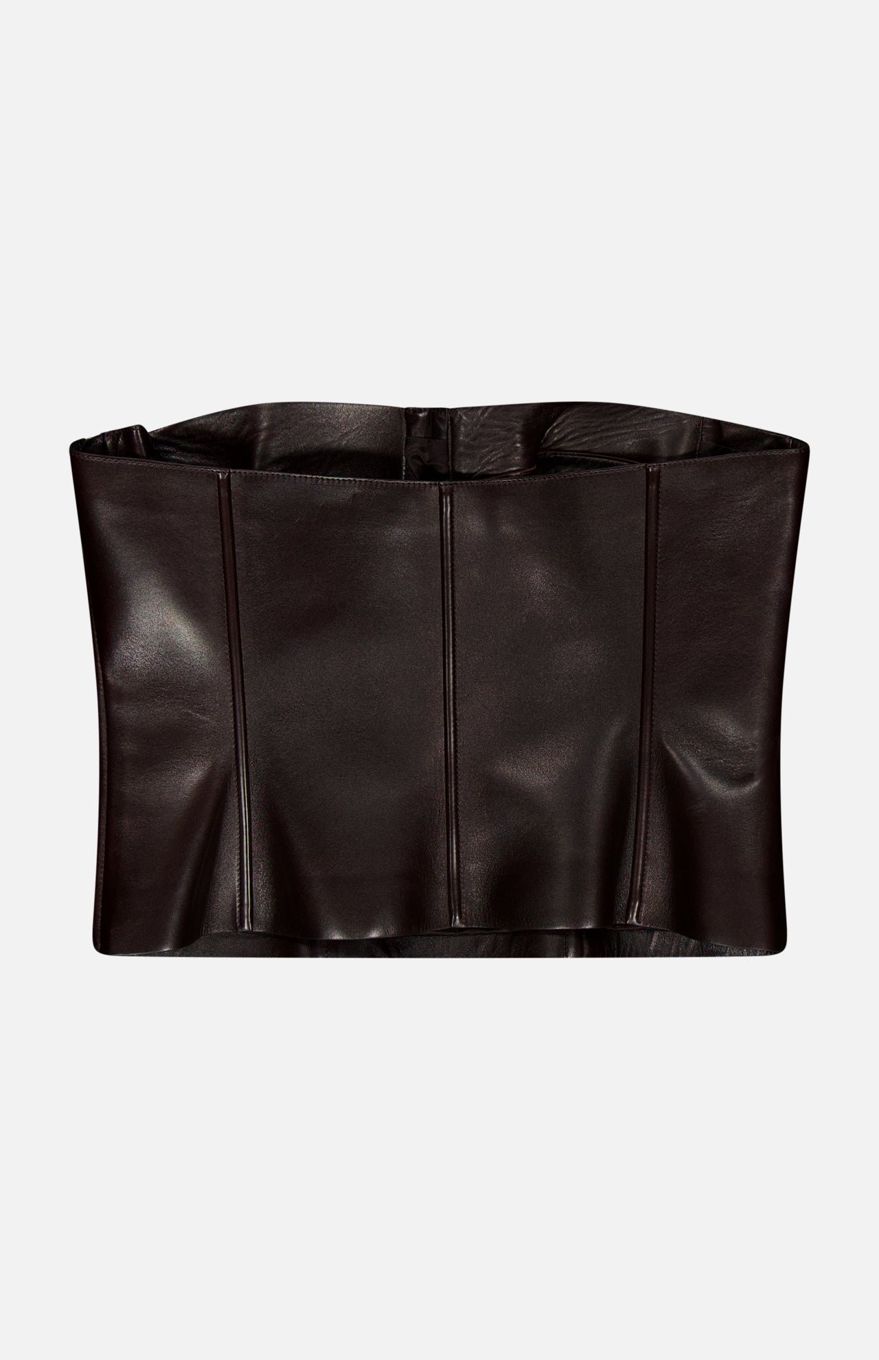 Dark brown Ralph Lauren Collection Plonge Leather Strapless Bandeau Top featuring vertical seam detailing.