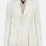 A white Preston Herringbone Tweed Blazer by RALPH LAUREN COLLECTION, featuring a notch lapel, two front flap pockets, single-breasted closure, and a visible purple hanger in the collar, displayed on a plain white background.