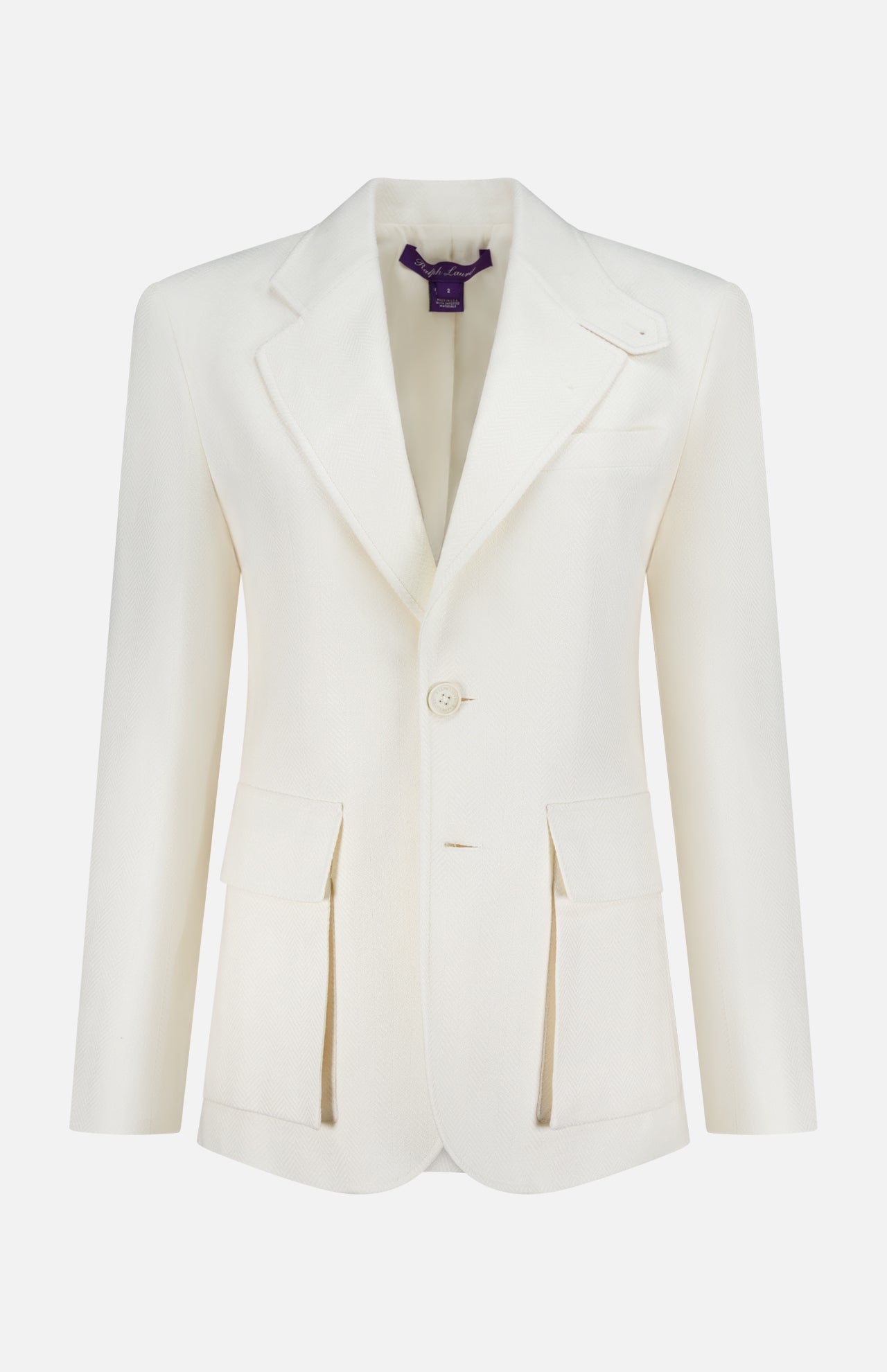 A white Preston Herringbone Tweed Blazer by RALPH LAUREN COLLECTION, featuring a notch lapel, two front flap pockets, single-breasted closure, and a visible purple hanger in the collar, displayed on a plain white background.