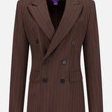 The Ramona Wide Stripe Blazer by RALPH LAUREN COLLECTION features a dark brown double-breasted design with peak lapels, four front buttons, subtle vertical stripes, and a tailored fit for timeless style.