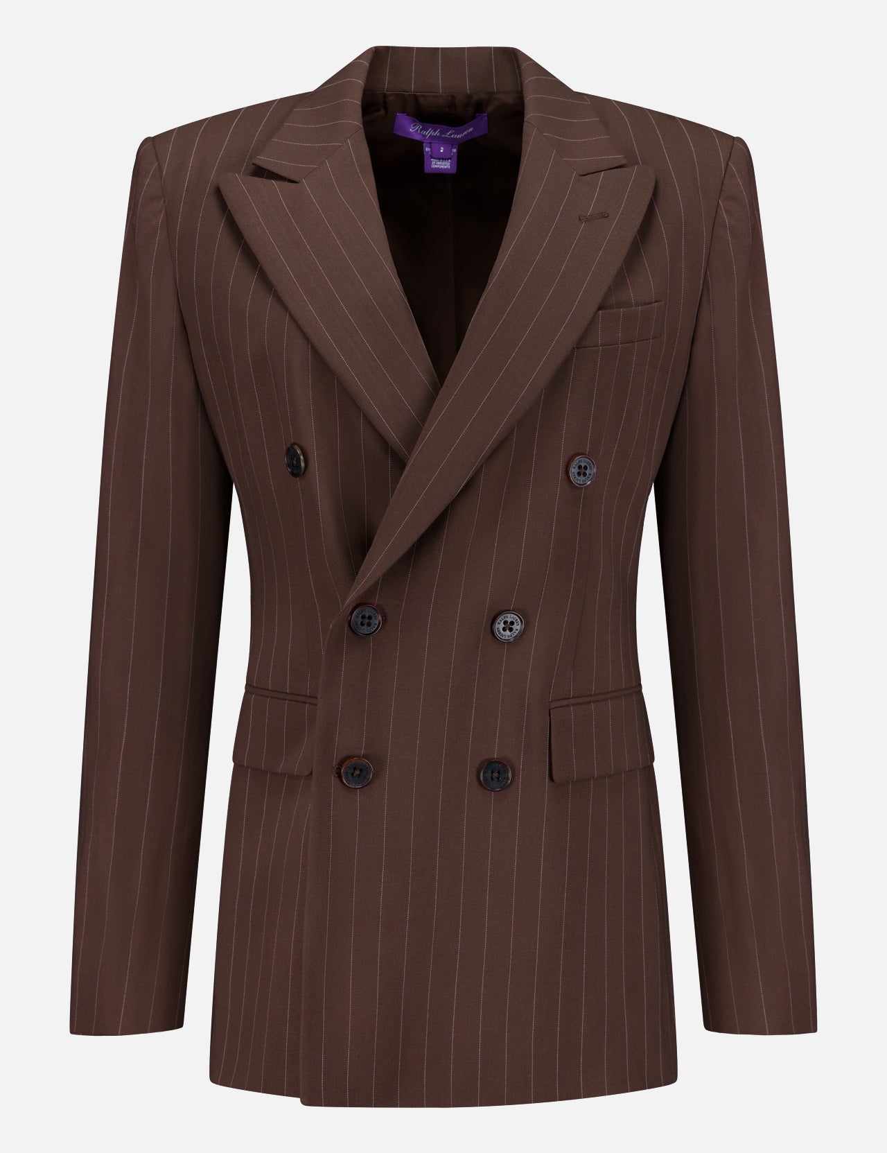 The Ramona Wide Stripe Blazer by RALPH LAUREN COLLECTION features a dark brown double-breasted design with peak lapels, four front buttons, subtle vertical stripes, and a tailored fit for timeless style.