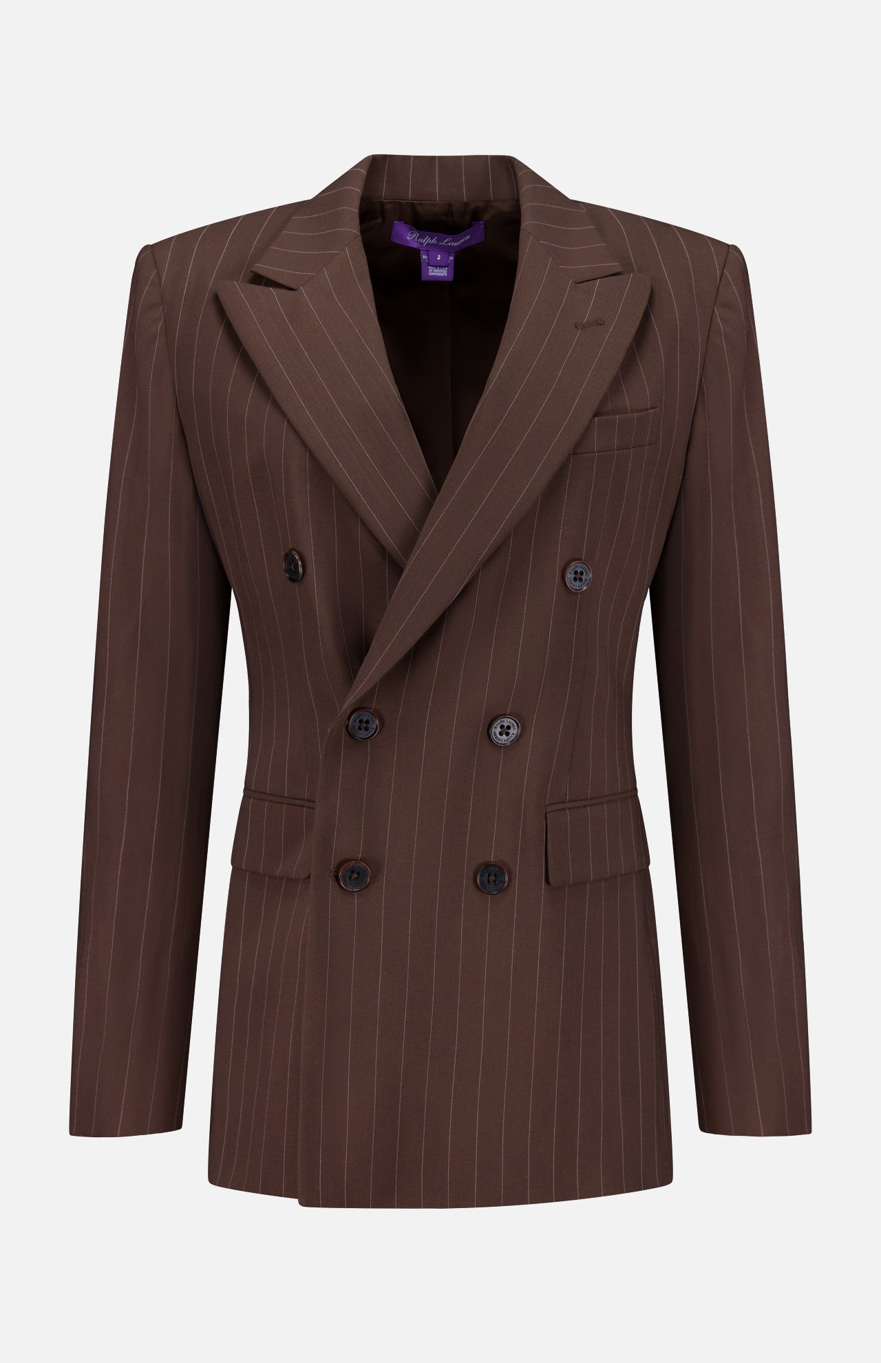 The Ramona Wide Stripe Blazer by RALPH LAUREN COLLECTION features a dark brown double-breasted design with peak lapels, four front buttons, subtle vertical stripes, and a tailored fit for timeless style.