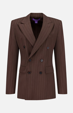 The Ramona Wide Stripe Blazer by RALPH LAUREN COLLECTION features a dark brown double-breasted design with peak lapels, four front buttons, subtle vertical stripes, and a tailored fit for timeless style.
