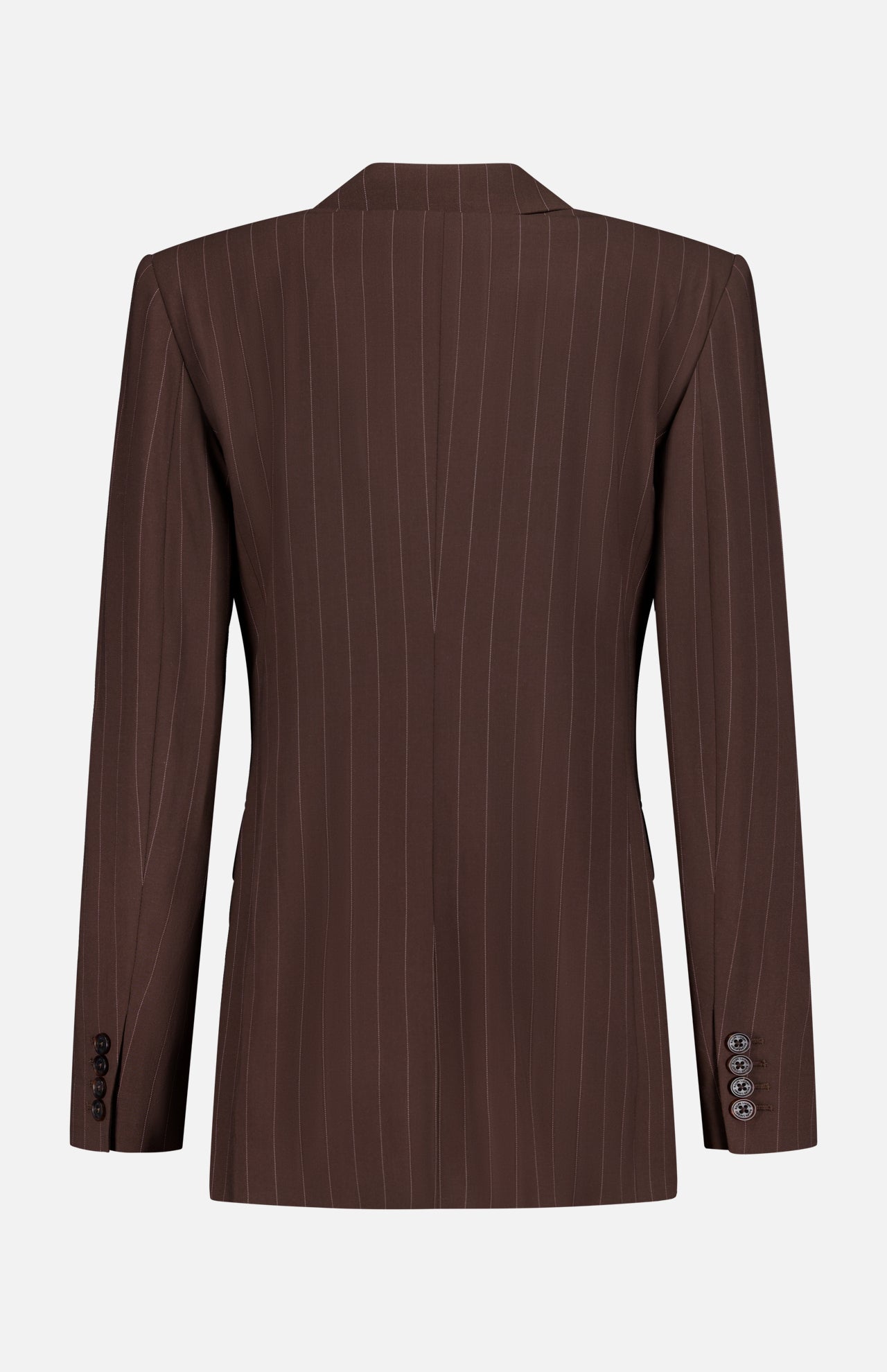 The Ramona Wide Stripe Blazer by RALPH LAUREN COLLECTION is a dark brown wool blazer with a tailored fit, subtle vertical white stripes, and buttoned cuffs, shown from the back.