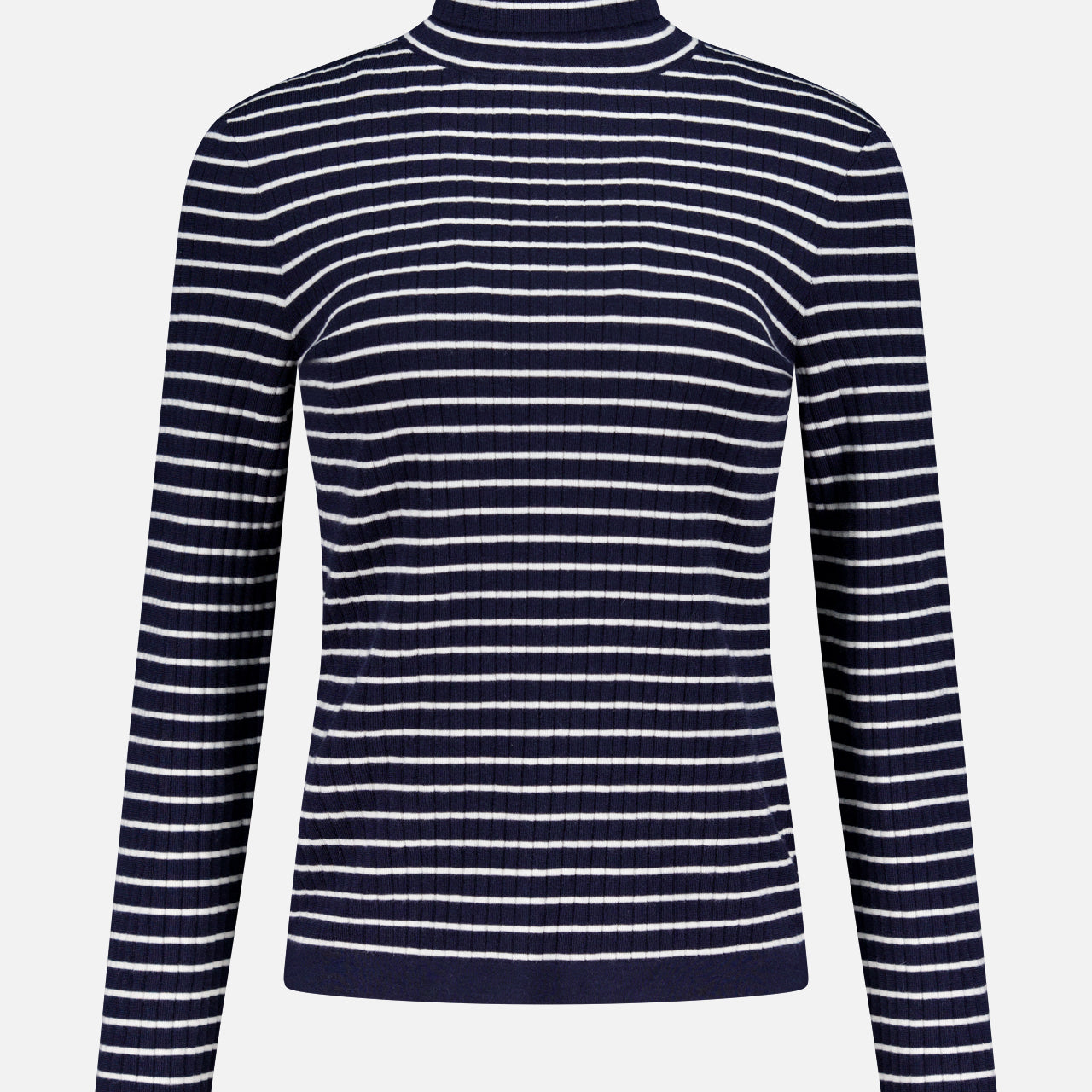 The RALPH LAUREN COLLECTION Ribbed Striped Turtleneck Sweater features a slim fit, navy hue with horizontal white stripes and long sleeves, shown against a plain white background.