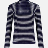 The RALPH LAUREN COLLECTION Ribbed Striped Turtleneck Sweater features a slim fit, navy hue with horizontal white stripes and long sleeves, shown against a plain white background.