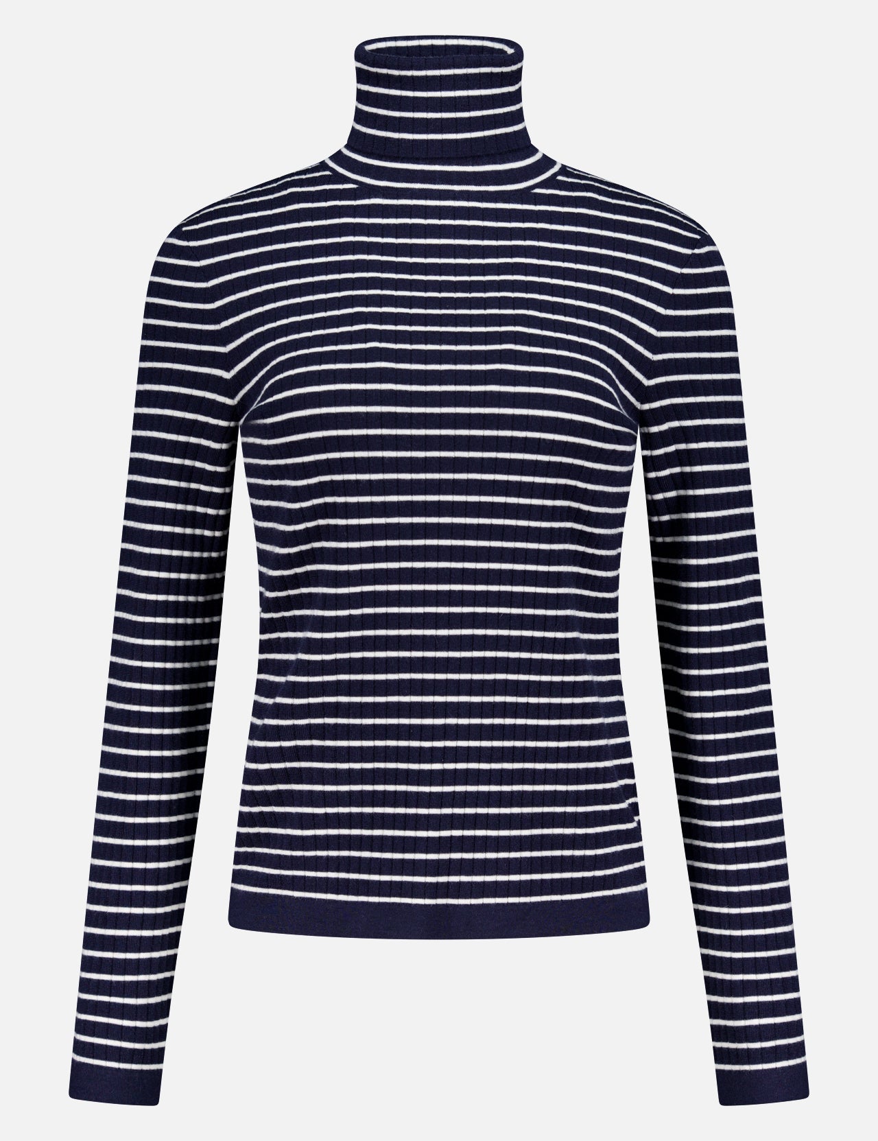 The RALPH LAUREN COLLECTION Ribbed Striped Turtleneck Sweater features a slim fit, navy hue with horizontal white stripes and long sleeves, shown against a plain white background.