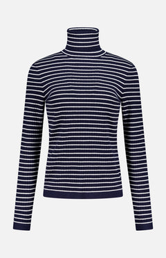 The RALPH LAUREN COLLECTION Ribbed Striped Turtleneck Sweater features a slim fit, navy hue with horizontal white stripes and long sleeves, shown against a plain white background.